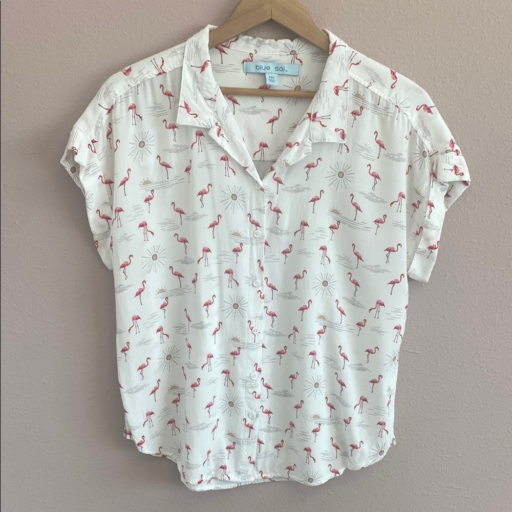 Blue Sol white Flamingo Print Women's top Size M
